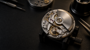 High-grade automatic watch movement inspected on a professional watchmaker workbench